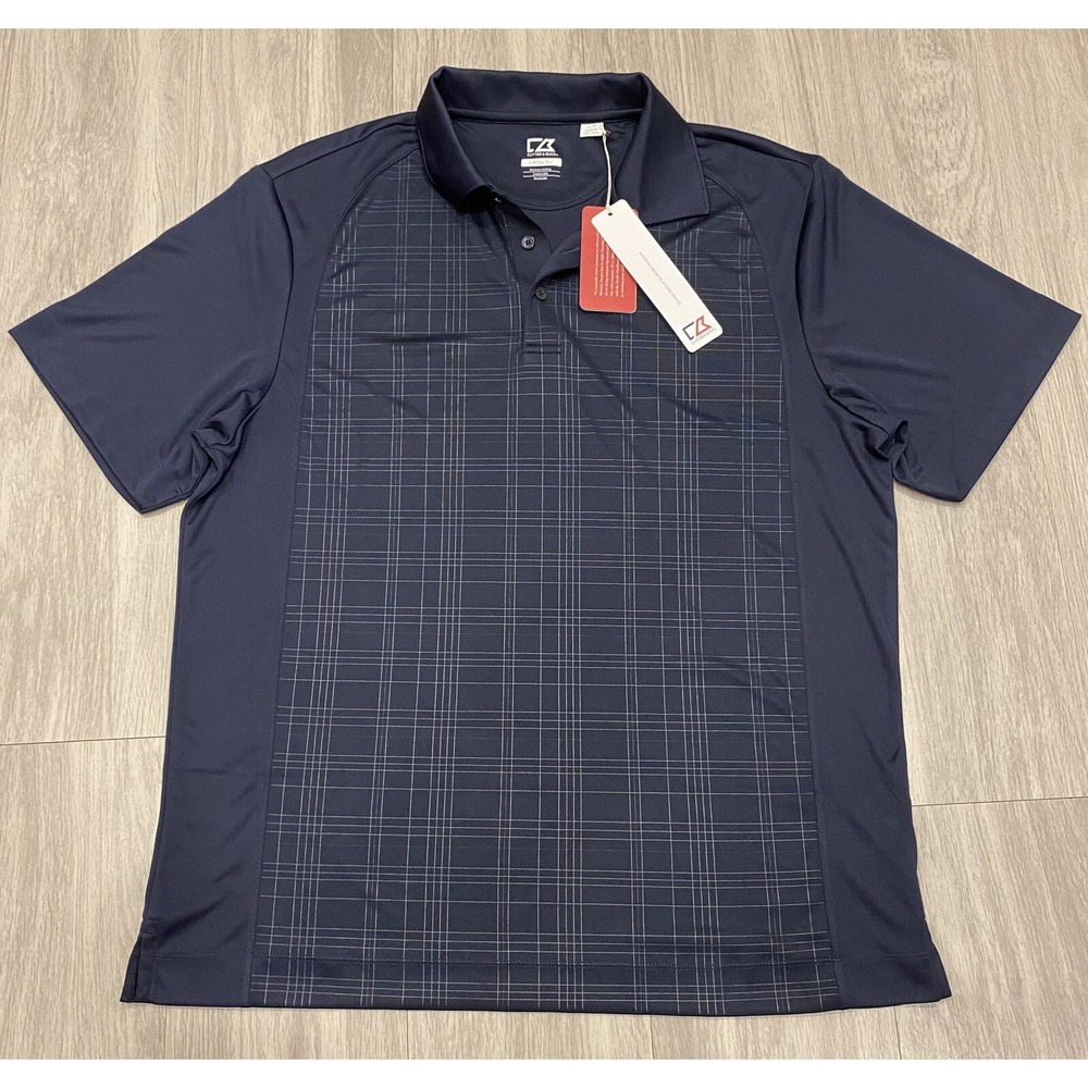 CUTTER & BUCK Navy Blue GOLF POLO SHIRT Mens Large SS 100% Polyester L New NWT‎